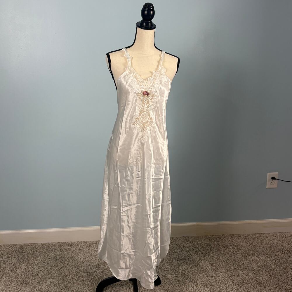 VTG White Satin Lace Slip Dress Nightgown Large Coquette Bridal Lingerie size L
